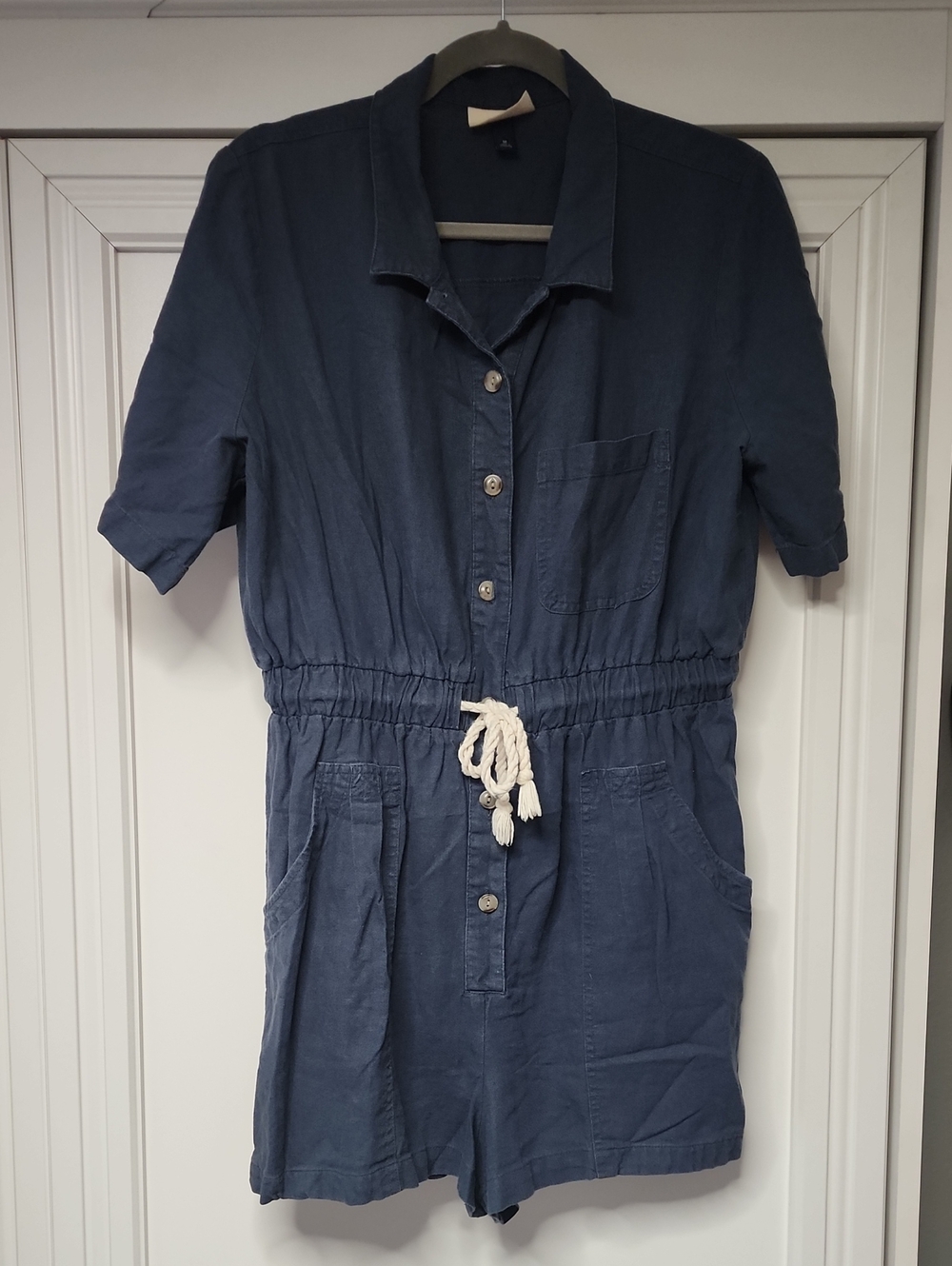 Universal Thread Navy Blue Short-Sleeve Romper with Drawstring